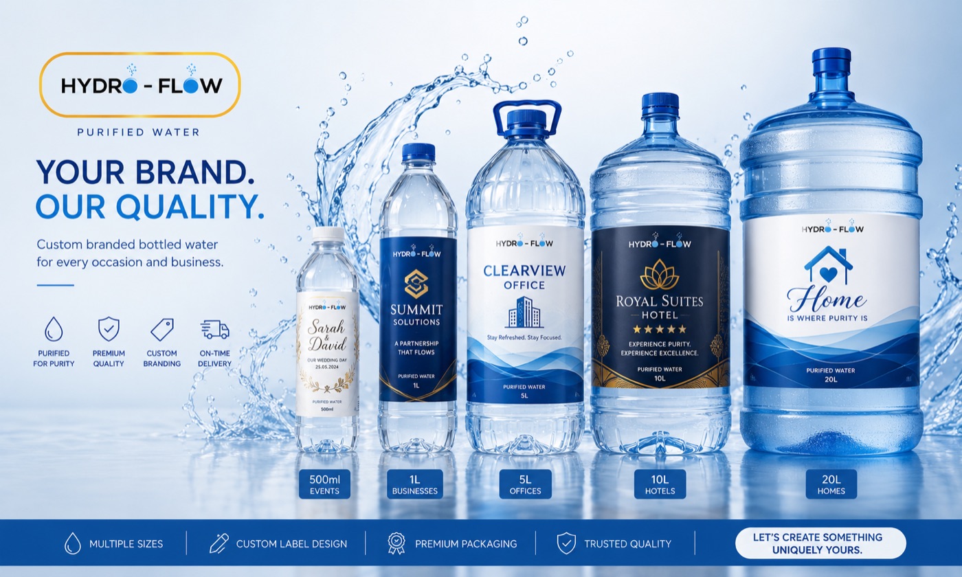 Hydroflow branded water bottle sizes: 500ml for events, 1L for businesses, 5L for offices, 10L for hotels, 20L for homes